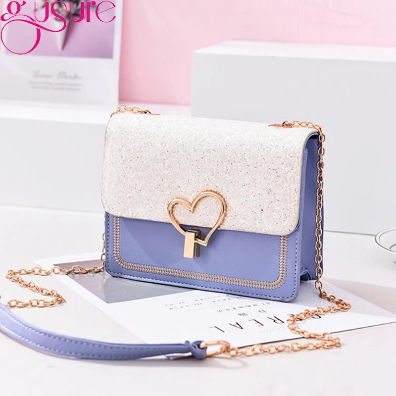 Heart Buckle Glitter Sequins Chain Crossbody Bag