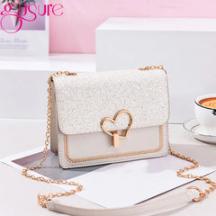 Heart Buckle Glitter Sequins Chain Crossbody Bag