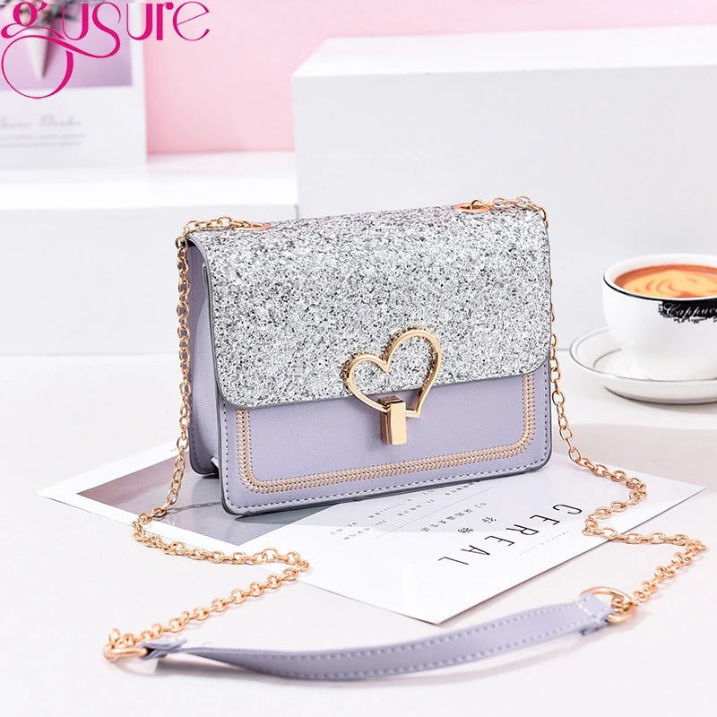 Heart Buckle Glitter Sequins Chain Crossbody Bag