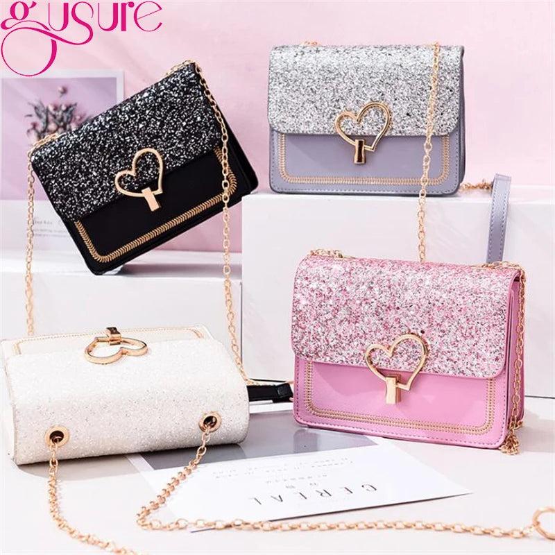 Heart Buckle Glitter Sequins Chain Crossbody Bag
