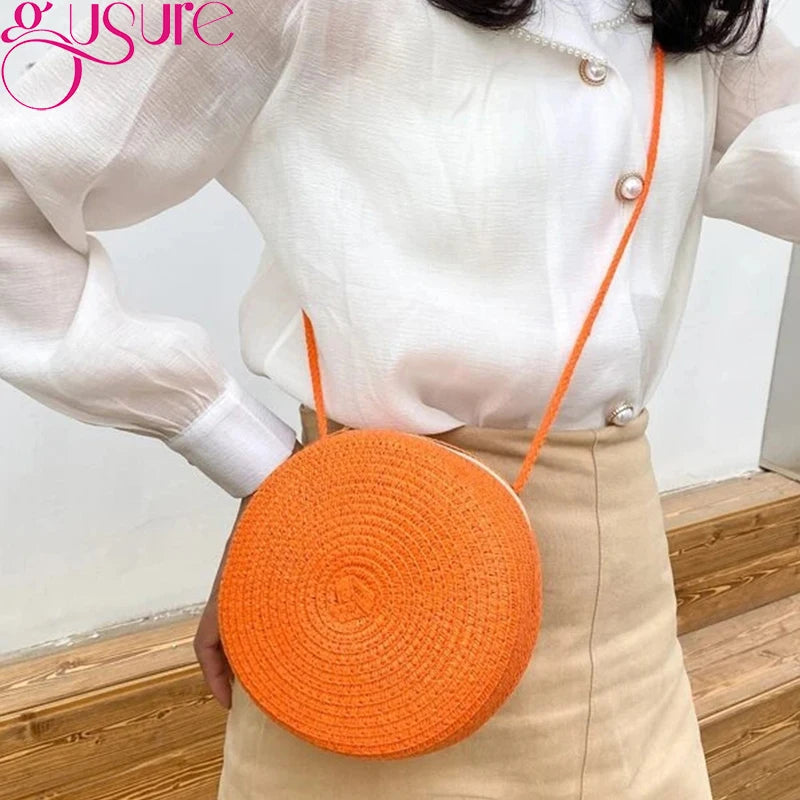 Woven Straw Crossbody Bag Round Rattan Beach Handbag