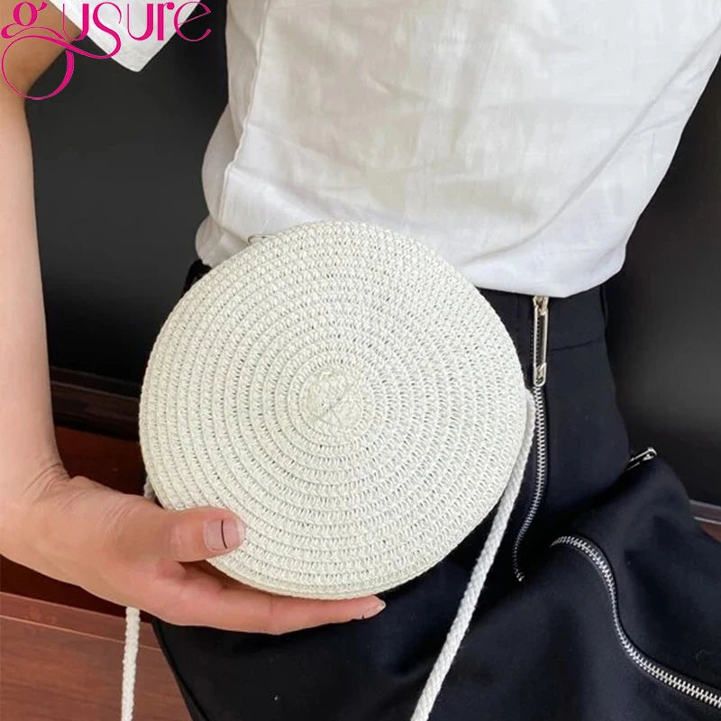 Woven Straw Crossbody Bag Round Rattan Beach Handbag