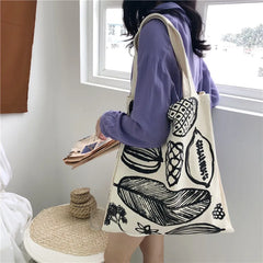 Leaf Printing Canvas Shoulder Bag Large Capacity Tote for Women