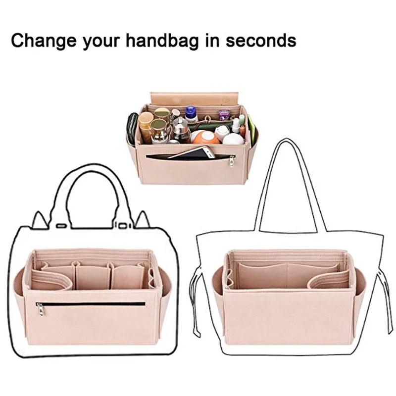 HHYUKIMI Felt Cosmetic Bag Handbag Organizer Insert Travel Inner Purse M...