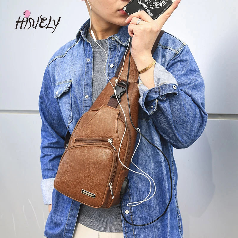 Multifunction Leather Shoulder Chest Bag USB Pack