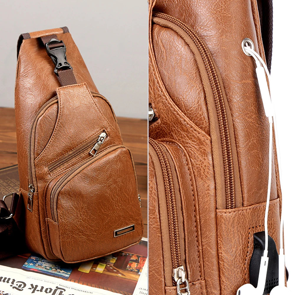 Multifunction Leather Shoulder Chest Bag USB Pack