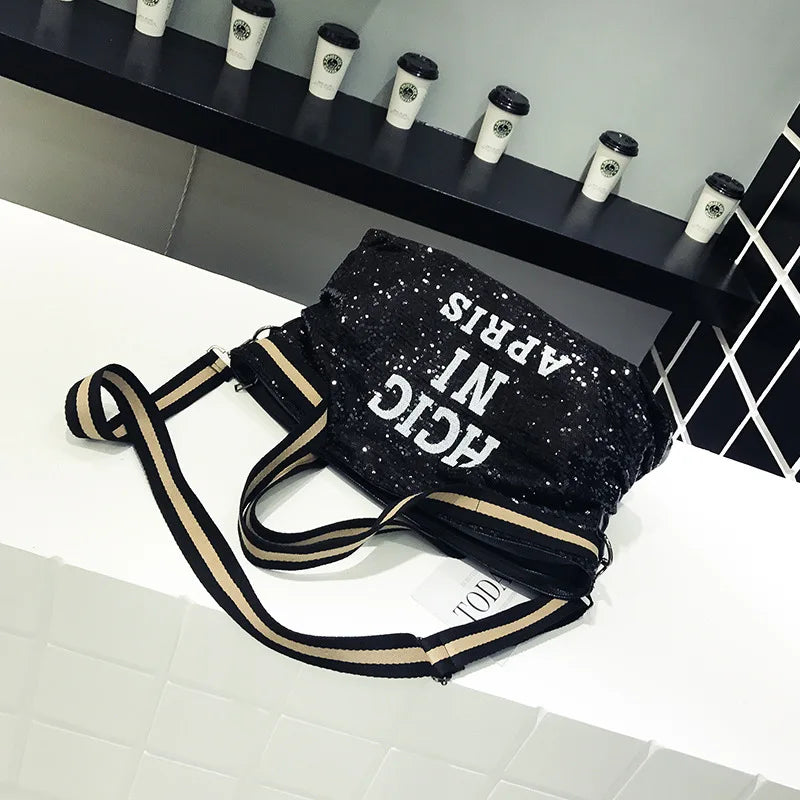 Sequins Woman Handbag Pu Leather Shoulder Bag Large Capacity Tote Messenger Bag