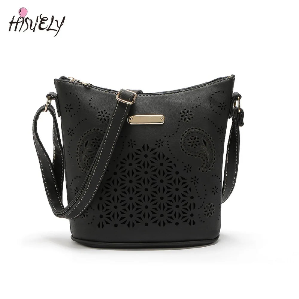 Women Retro Bucket Bag Hollow Out Shoulder Bag