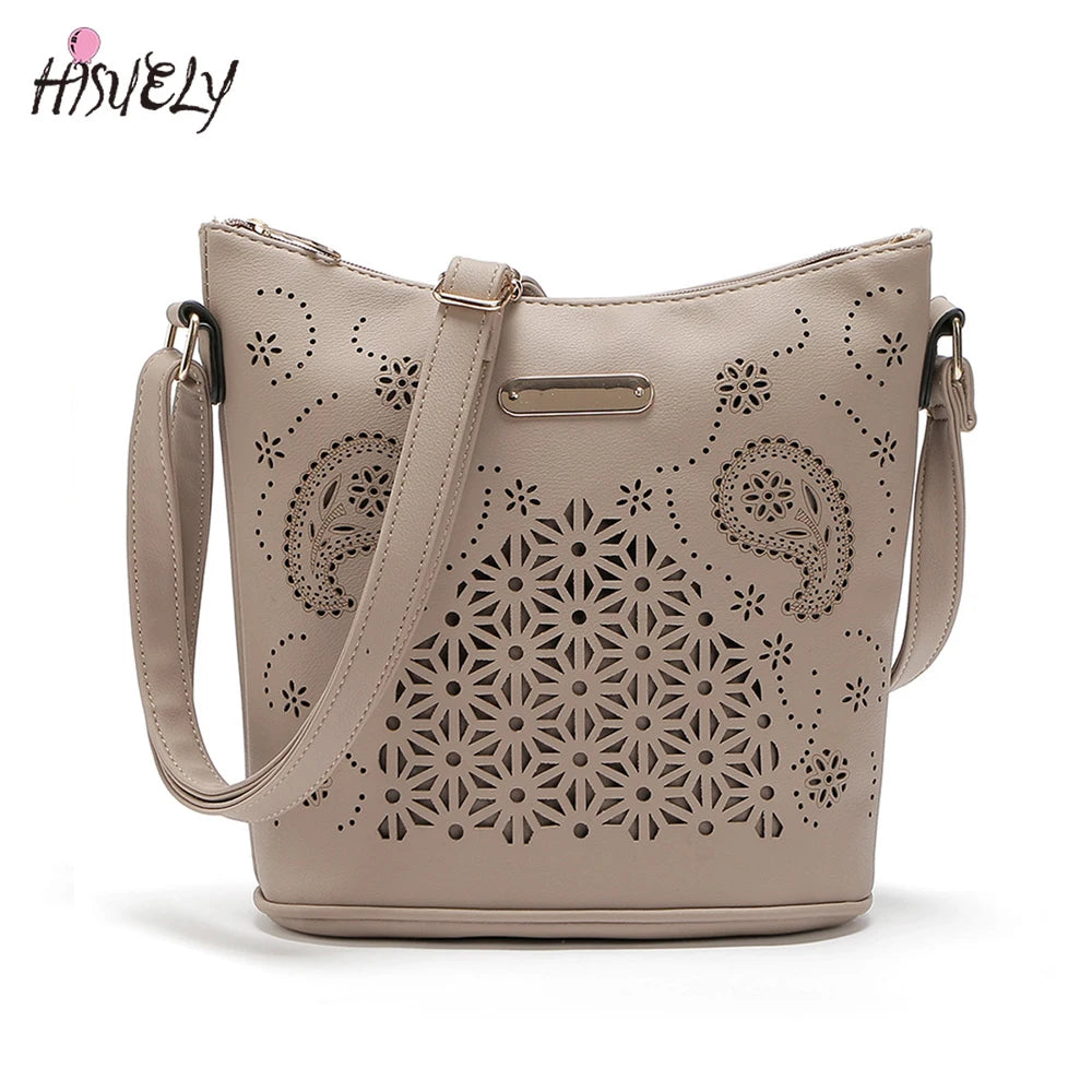 Women Retro Bucket Bag Hollow Out Shoulder Bag