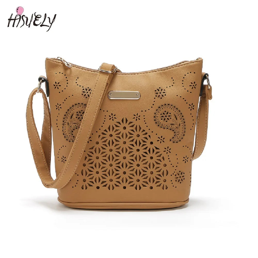 Women Retro Bucket Bag Hollow Out Shoulder Bag