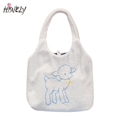 Women Lamb Fabric Shoulder Bag Canvas Handbag Tote Large Capacity