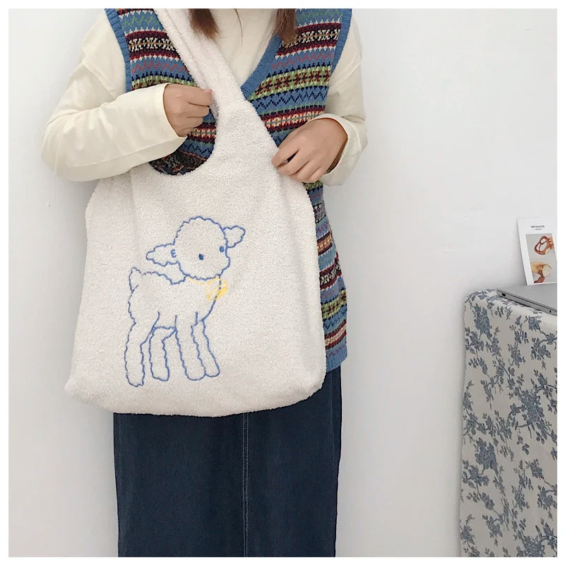 Women Lamb Fabric Shoulder Bag Canvas Handbag Tote Large Capacity