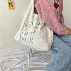 Women Lamb Fabric Shoulder Bag Canvas Handbag Tote Large Capacity