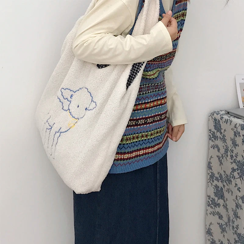 Women Lamb Fabric Shoulder Bag Canvas Handbag Tote Large Capacity