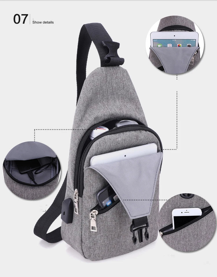 USB Charging chest pack single shoulder bags unisex chest bag
