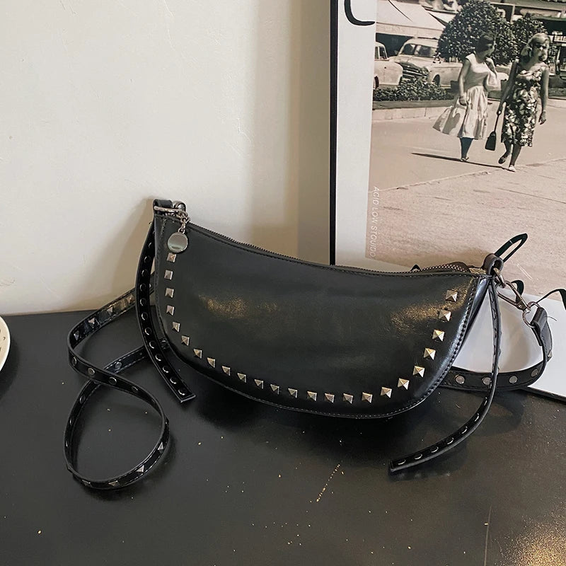 Women's Leather One Shoulder Bag Rivet Handbag Ladies Crossbody Bag