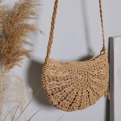 Half Round Straw Bag Women Summer Beach Rattan Crossbody Handbag