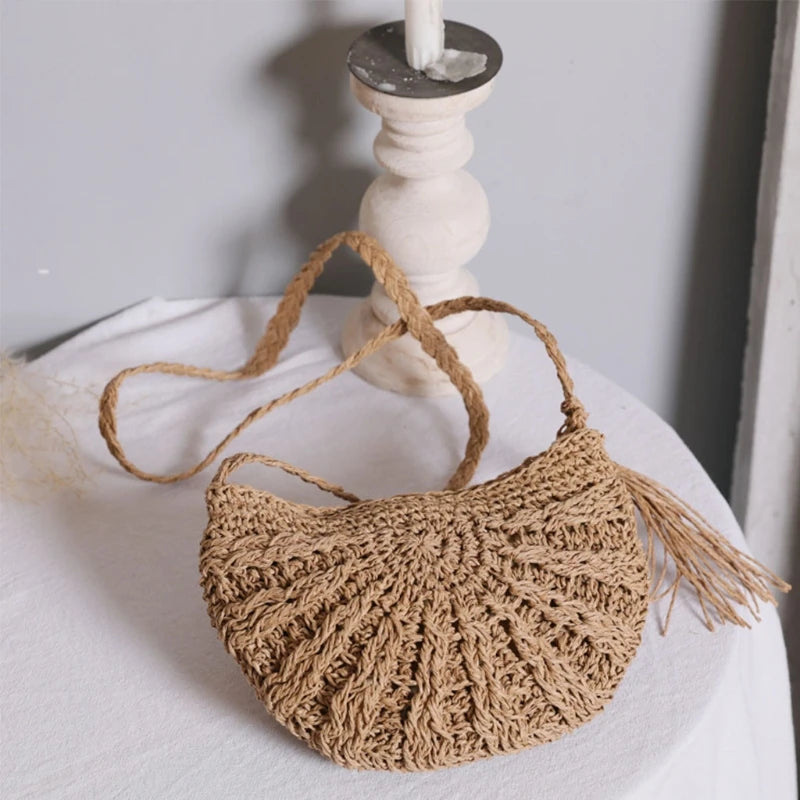 Half Round Straw Bag Women Summer Beach Rattan Crossbody Handbag