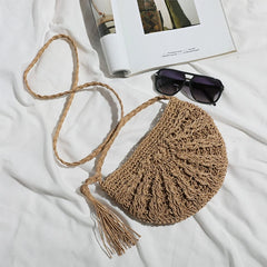 Half Round Straw Bag Women Summer Beach Rattan Crossbody Handbag
