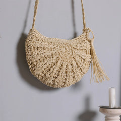 Half Round Straw Bag Women Summer Beach Rattan Crossbody Handbag