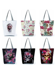 Halloween Floral Skull Print Handbags Eco Reusable Shopping Bags