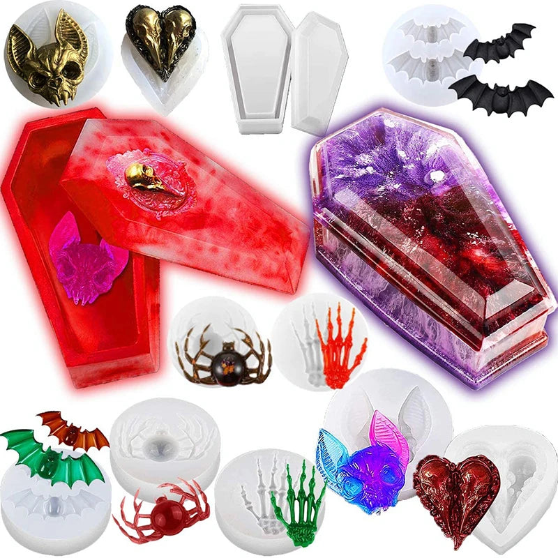 Halloween Silicone Epoxy Resin Molds Skull Hands Coffin Box Spider Jewelry Decor