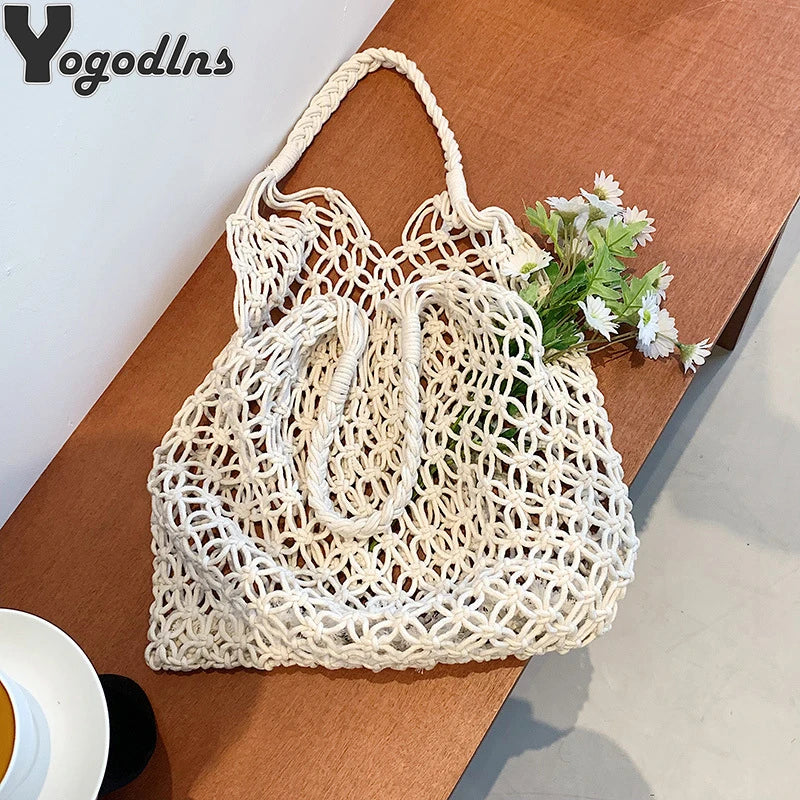 Hand-Woven Straw Bag Women Rattan Shoulder Tote