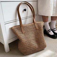 Bohemian Straw Beach Tote Bag Hand-woven Shoulder Handbag