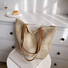 Bohemian Straw Beach Tote Bag Hand-woven Shoulder Handbag