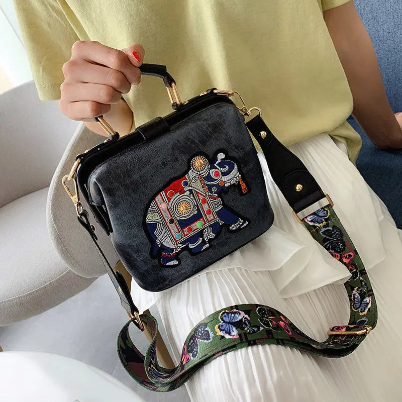 Elephant Embroidered Crossbody Bag Leather Handbag Messenger Purse