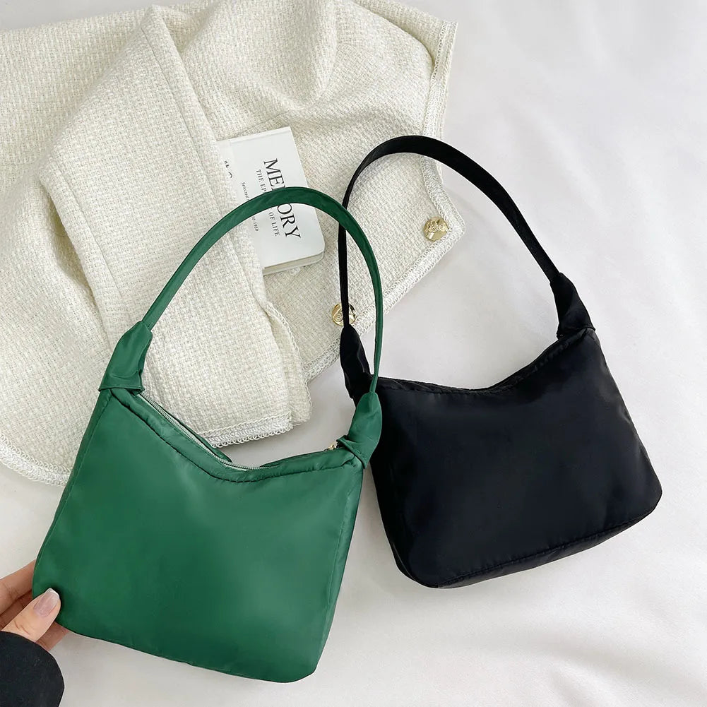 Nylon Solid Crescent Handle Bag Women Small Zipper Underarm Bag