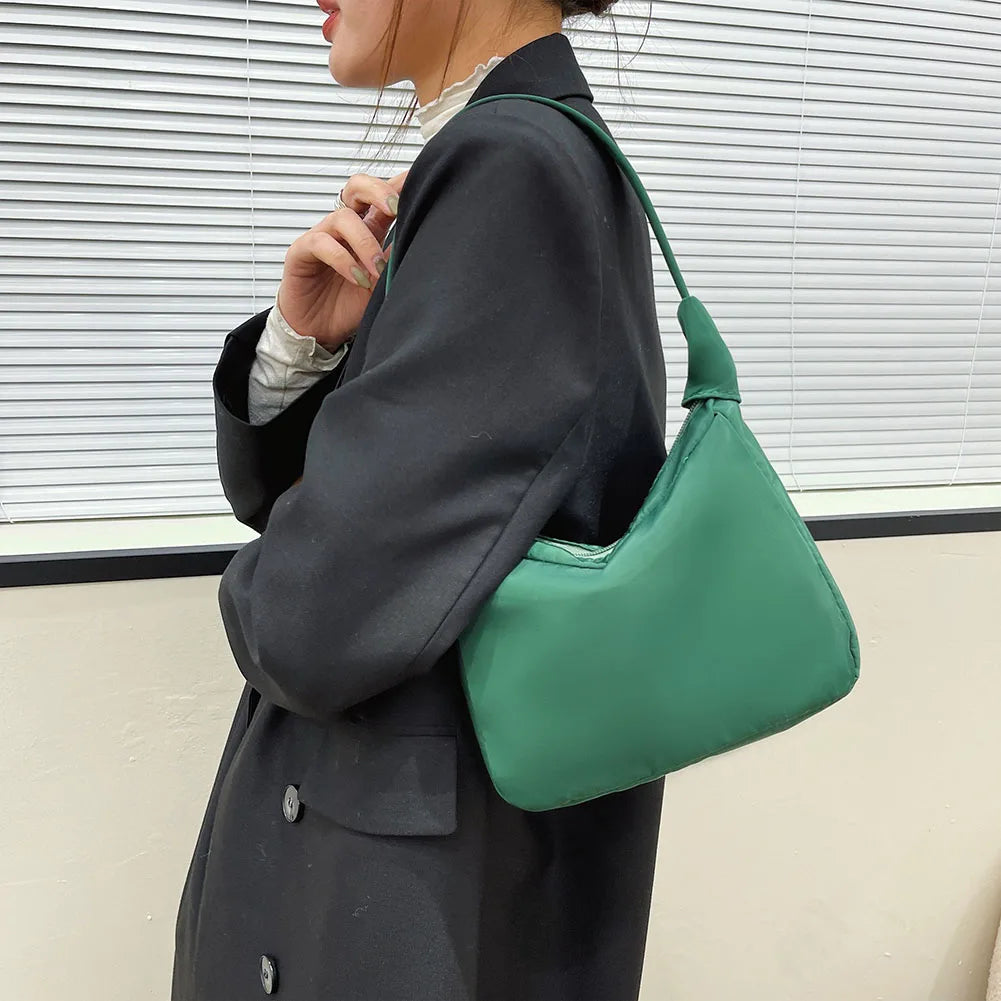 Nylon Solid Crescent Handle Bag Women Small Zipper Underarm Bag