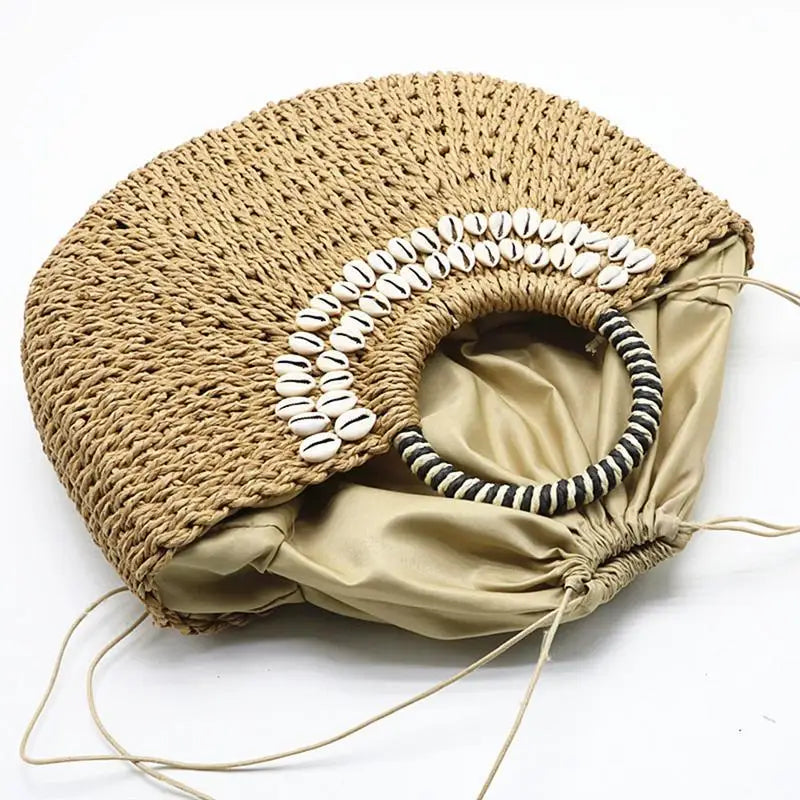 Hand Woven Straw Bags Shell Beach Handbag Tote Moon Shape Bohemian Straw