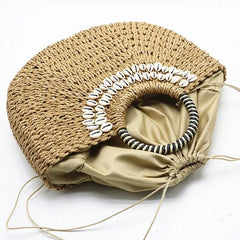 Hand Woven Straw Bags Shell Beach Handbag Tote Moon Shape Bohemian Straw