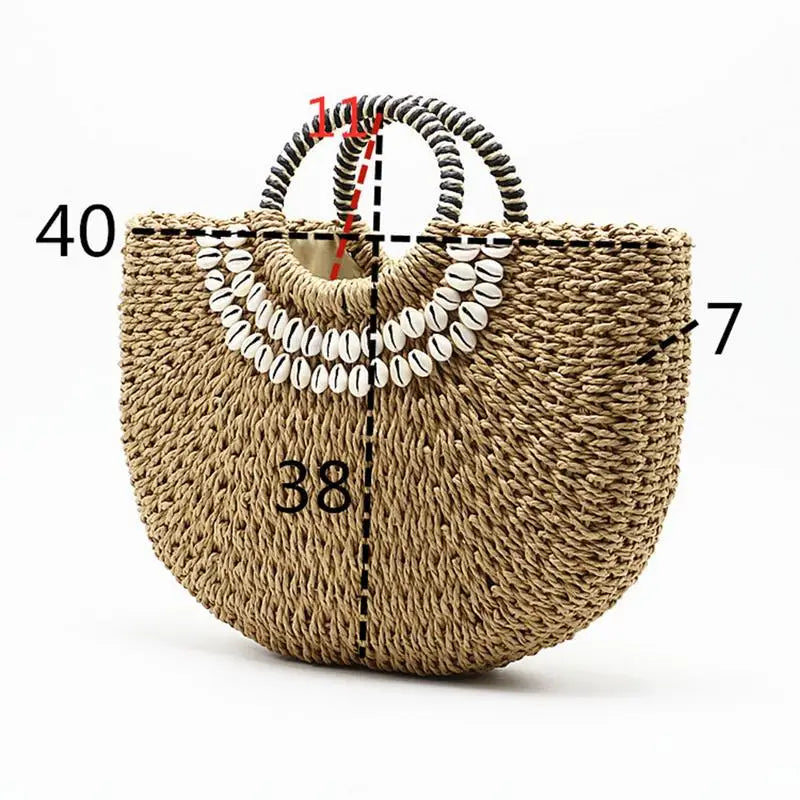 Hand Woven Straw Bags Shell Beach Handbag Tote Moon Shape Bohemian Straw