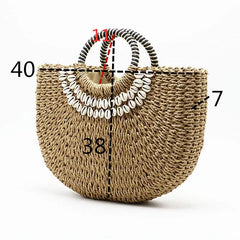 Hand Woven Straw Bags Shell Beach Handbag Tote Moon Shape Bohemian Straw