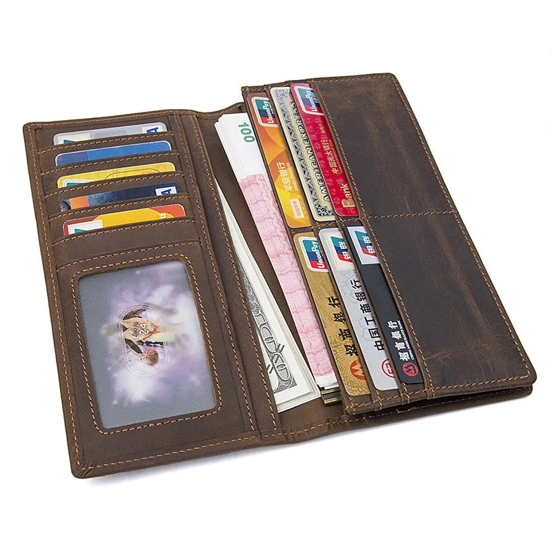 Vintage Crazy horse Cow Leather Wallets Men Long Wallet