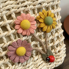Handwoven Women Handbags Rattan Flower with Lace Bow Composite Shoulder Bag