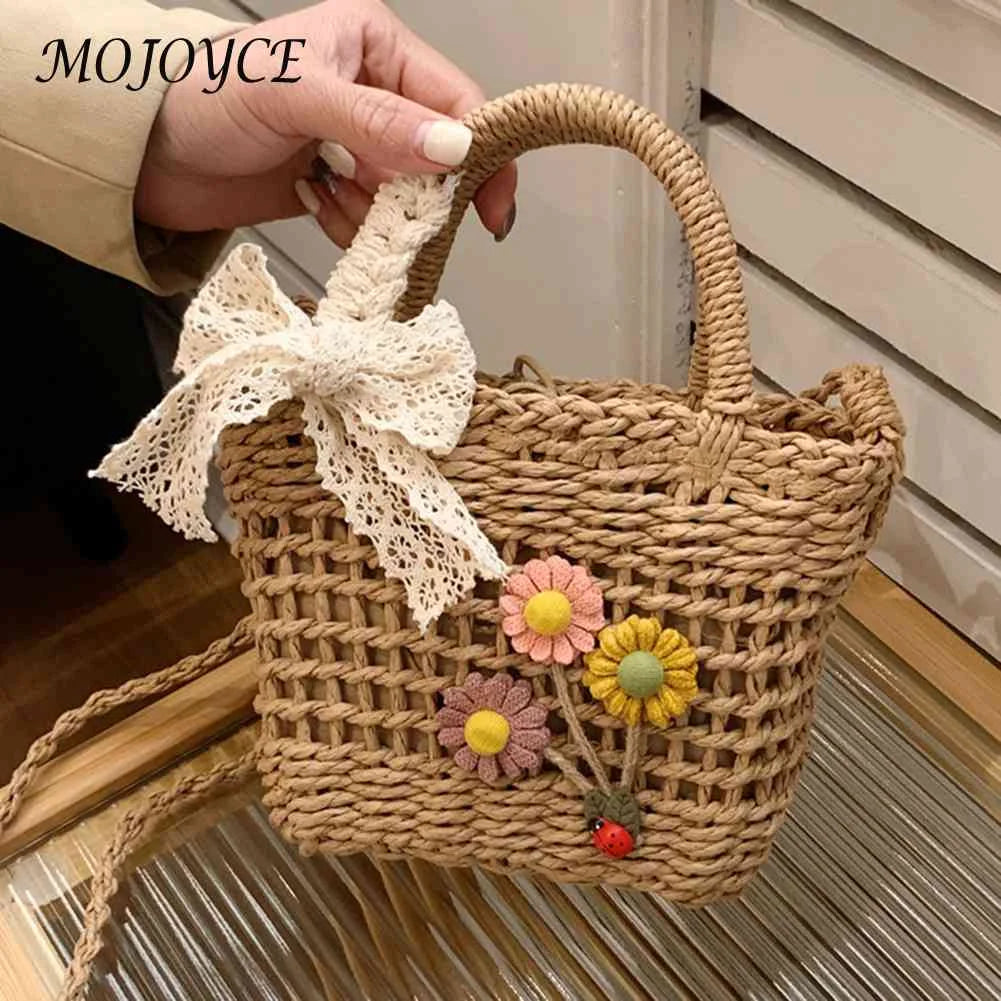 Handwoven Rattan Flower Handbag Lace Bow Shoulder Bag