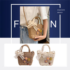 Women Handbags Rattan Flower Lace Bow Shoulder Bag Durable for Shopping