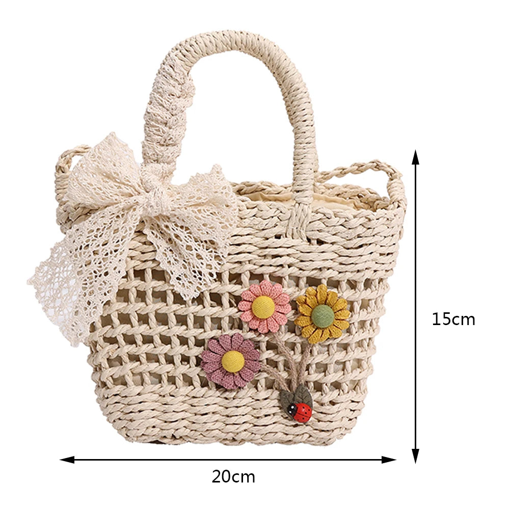 Women Handbags Rattan Flower Lace Bow Shoulder Bag Durable for Shopping