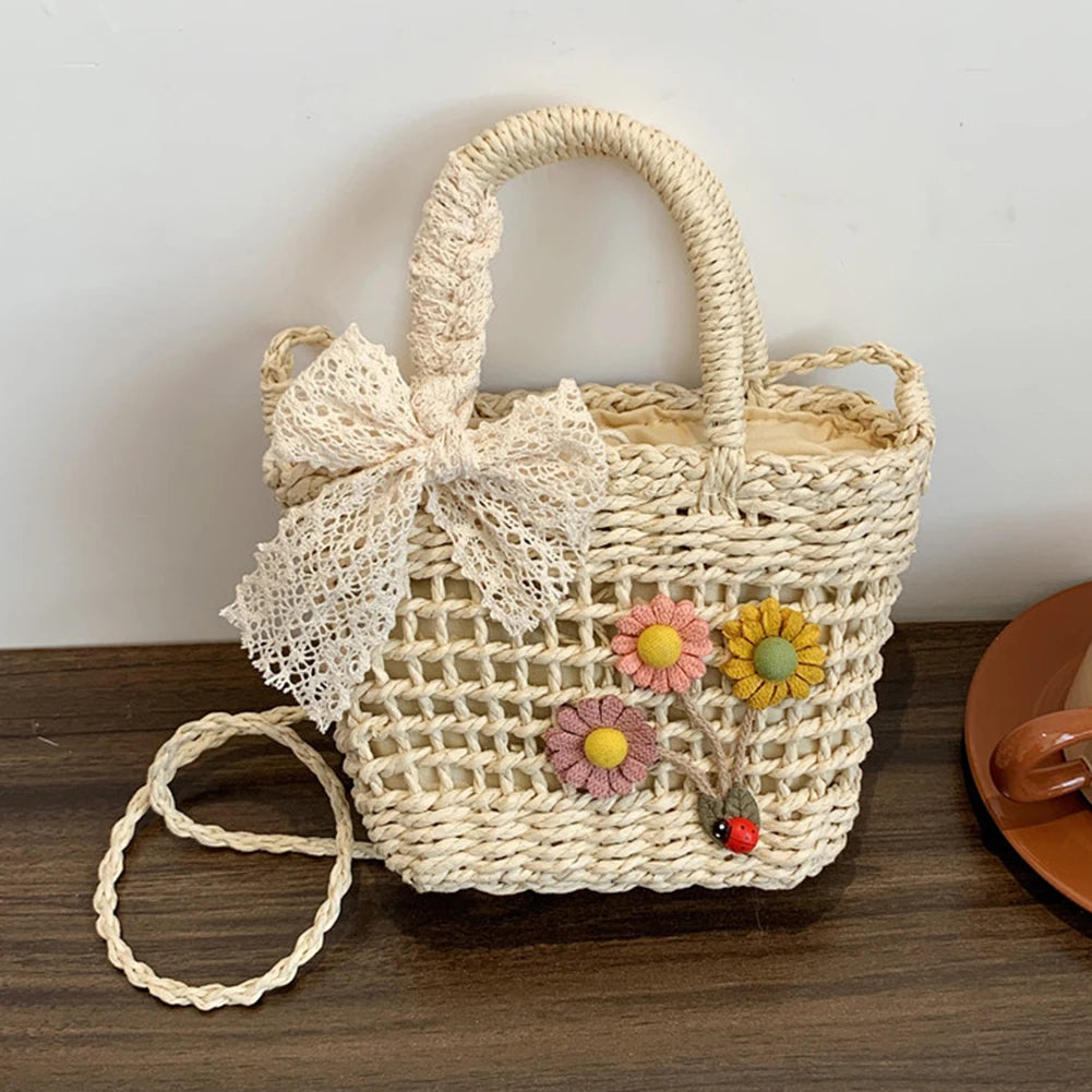 Handwoven Rattan Flower Handbag Lace Bow Shoulder Bag