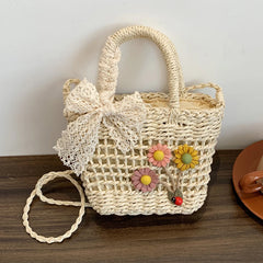 Handwoven Rattan Flower Handbag Lace Bow Shoulder Bag