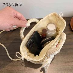 Handwoven Rattan Flower Handbag Lace Bow Shoulder Bag