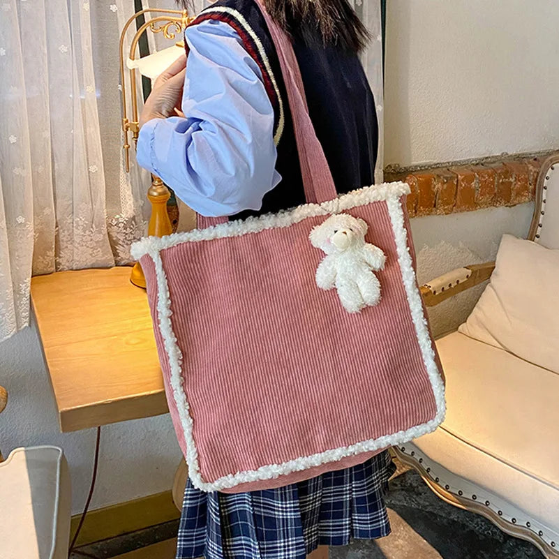 Harajuku Corduroy Lamb Wool Handbag Large Capacity Winter Shoulder Bag