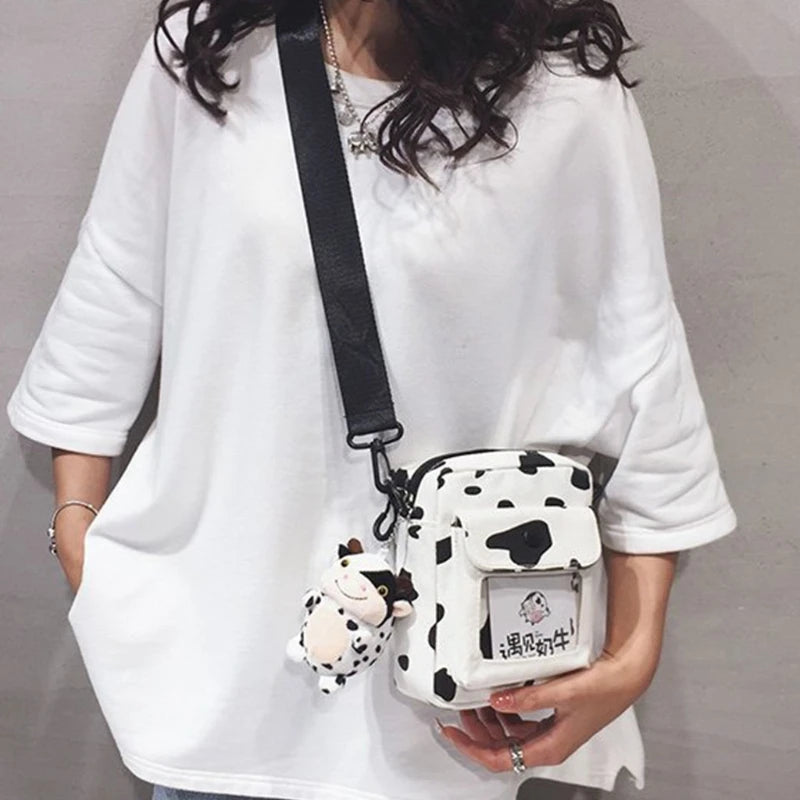 Harajuku Cow Pattern Canvas Bag Women Shoulder Messenger Girls