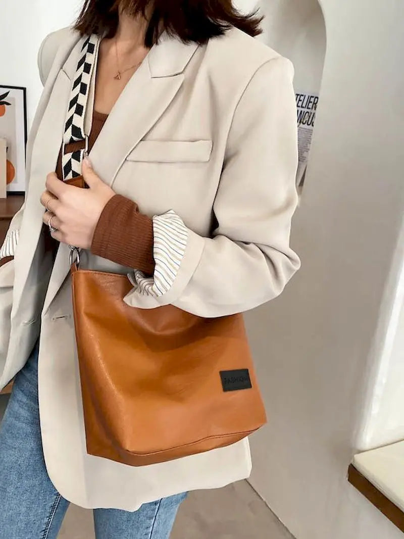 Harajuku Solid PU Leather Shoulder Bucket Bag for Women