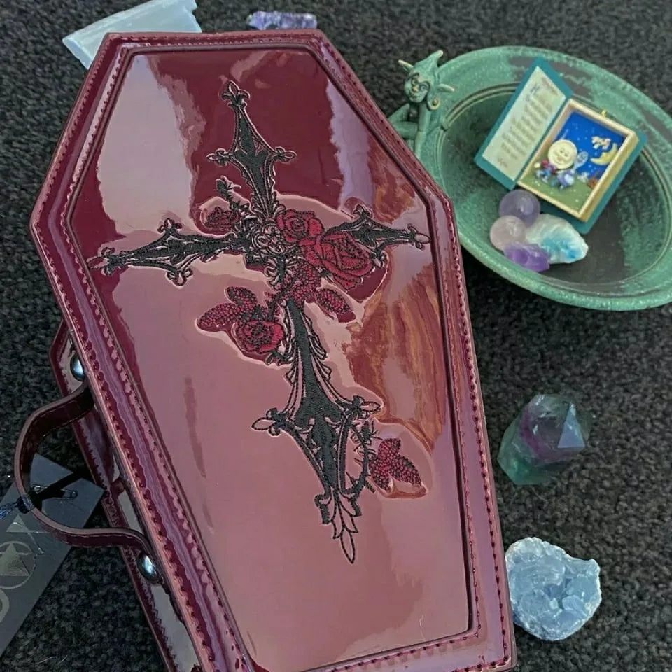Gothic Coffin Crossbody Bag with Cross Rose Embroidery