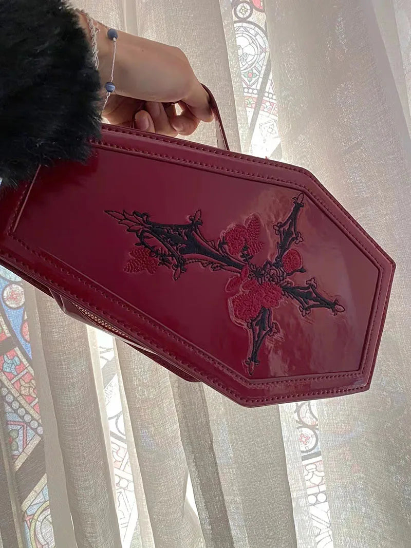 Gothic Coffin Crossbody Bag with Cross Rose Embroidery