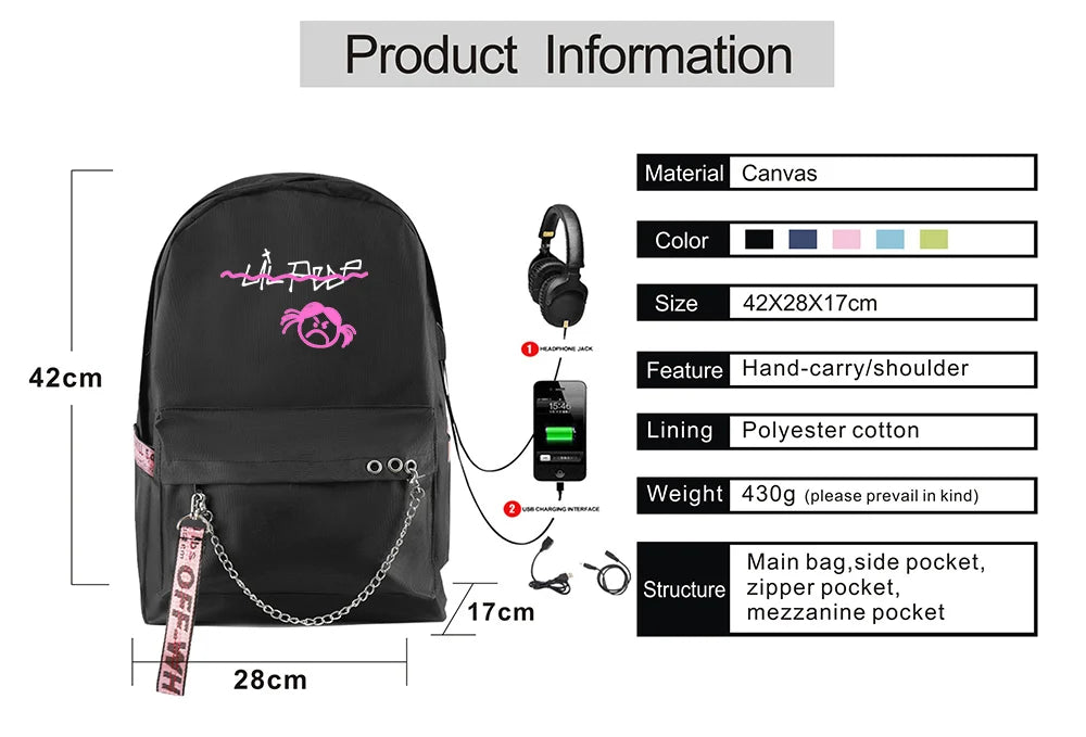 Harajuku Rap Lil Peep USB Rechargeable Backpack